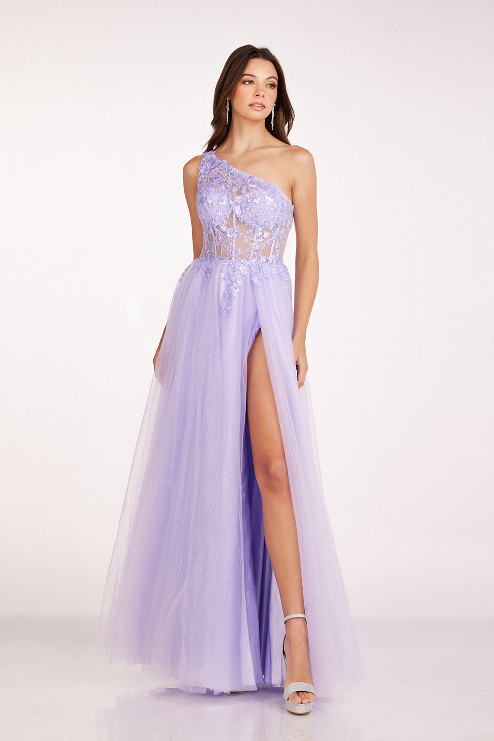 One Shoulder Tulle A Line Slit Gown by Abby Paris 90234 10 Lilac