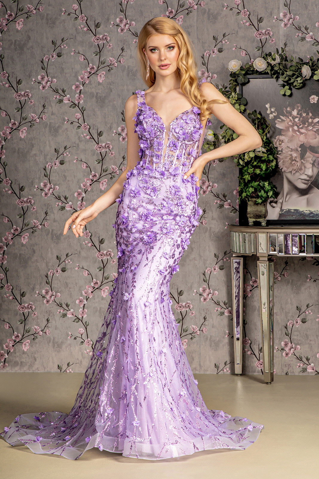 3D Floral Sleeveless Mermaid Dress by GLS Gloria GL3410 S Lilac