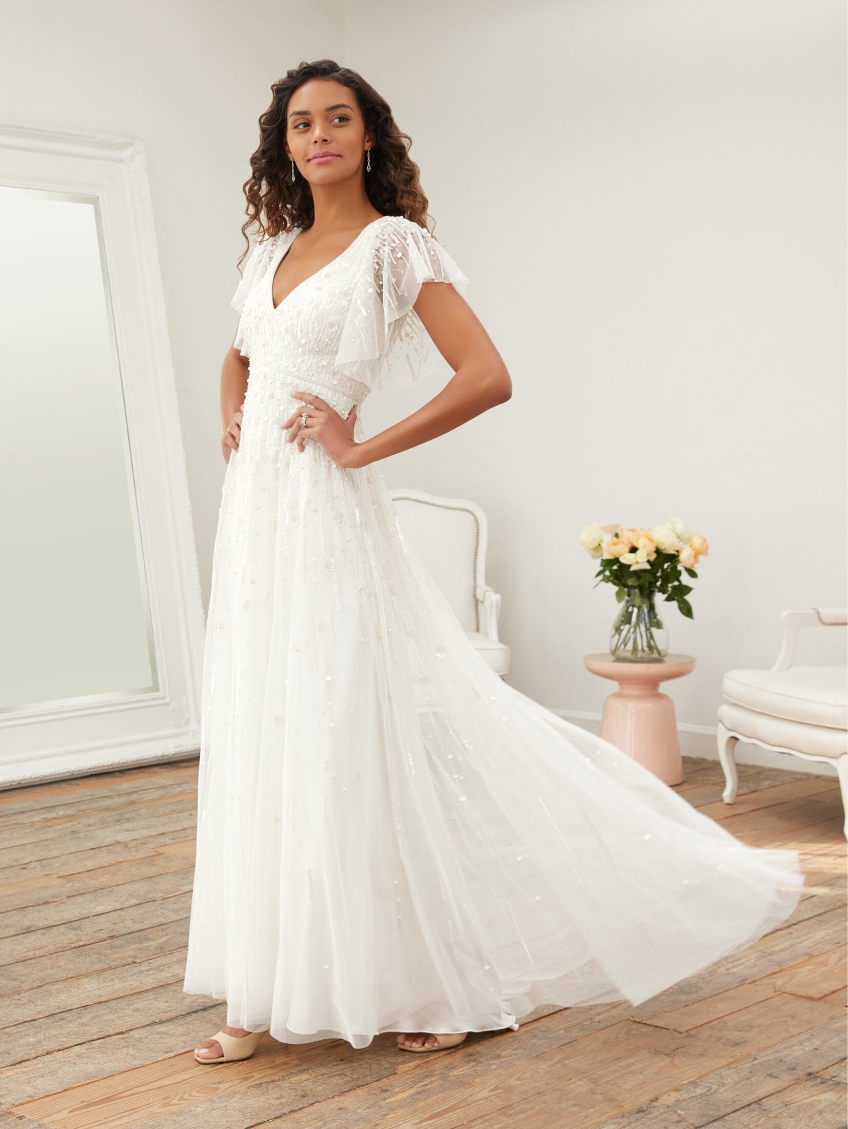 Flutter sleeve wedding dress best sale