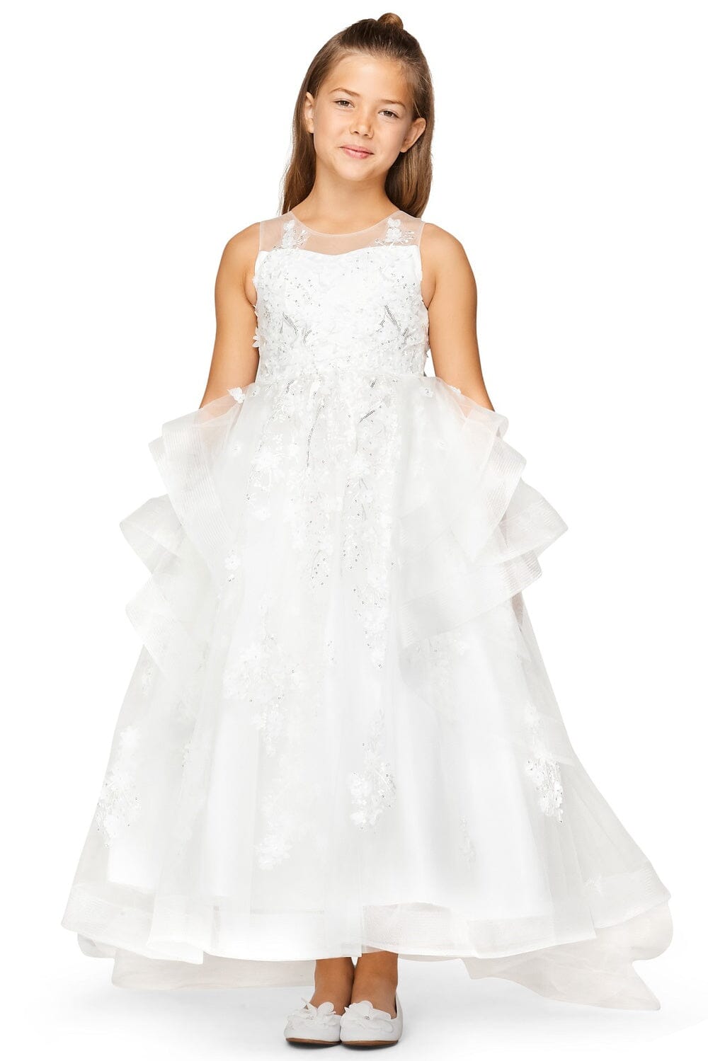 Big Girls Off White Lace Applique Sequin Train Tail Flower Girl Dress 10