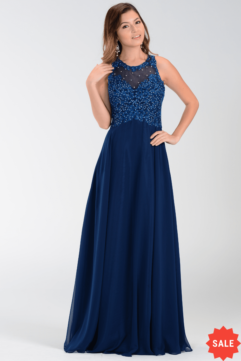 Long Chiffon Dress with Lace Applique Top by Poly USA 7454 Xs Navy