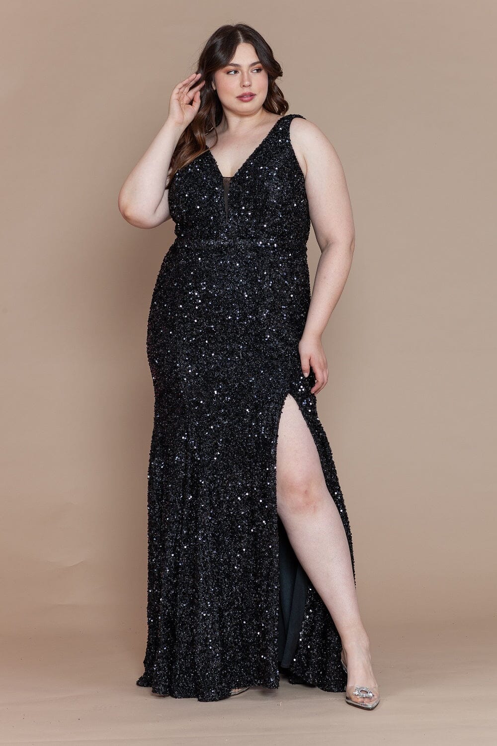 Plus Size Fitted Sleeveless Sequin Slit Gown by Poly USA W1122