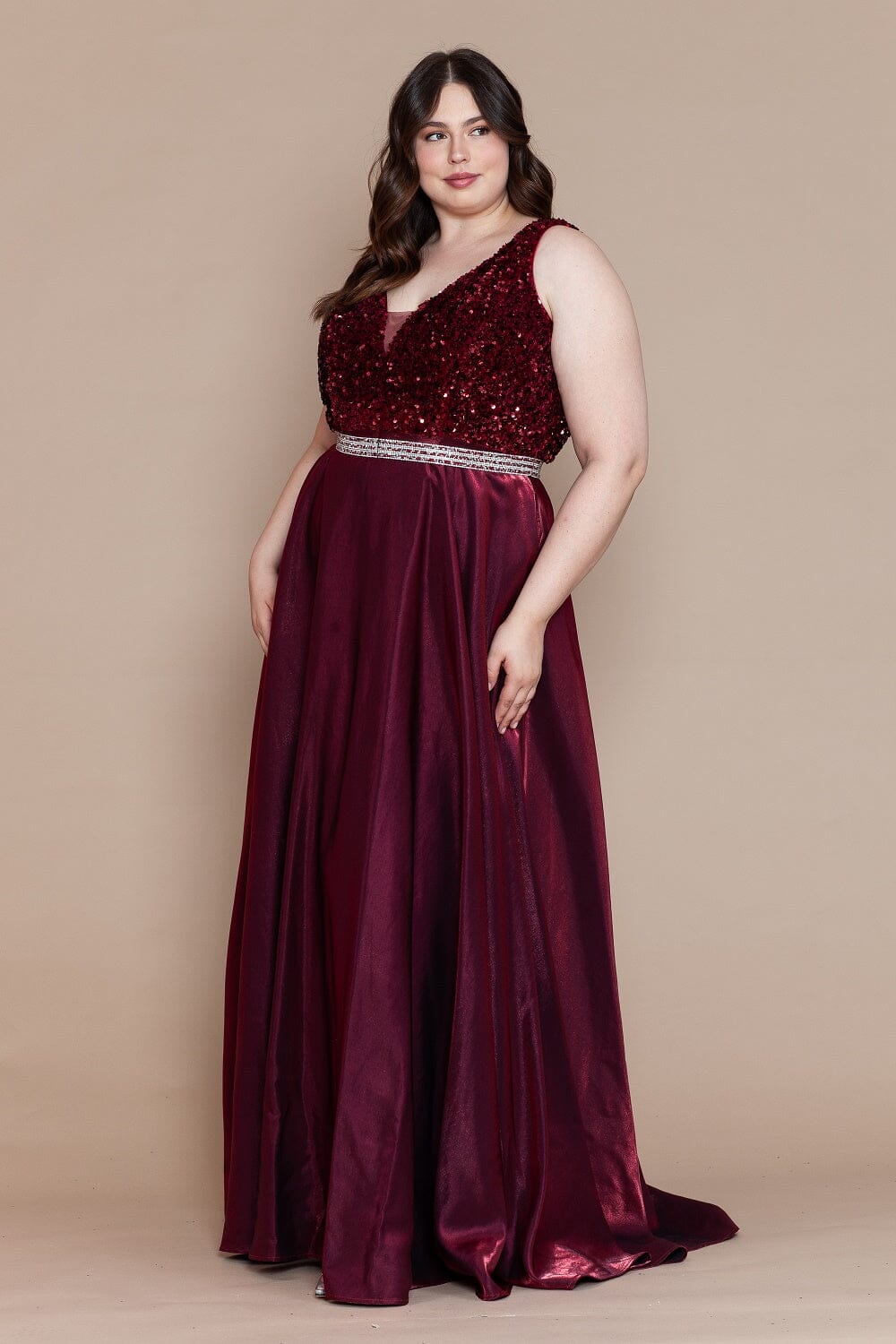 Plus Size Long Sequin Bodice Satin Dress by Poly USA W1006 – ABC Fashion