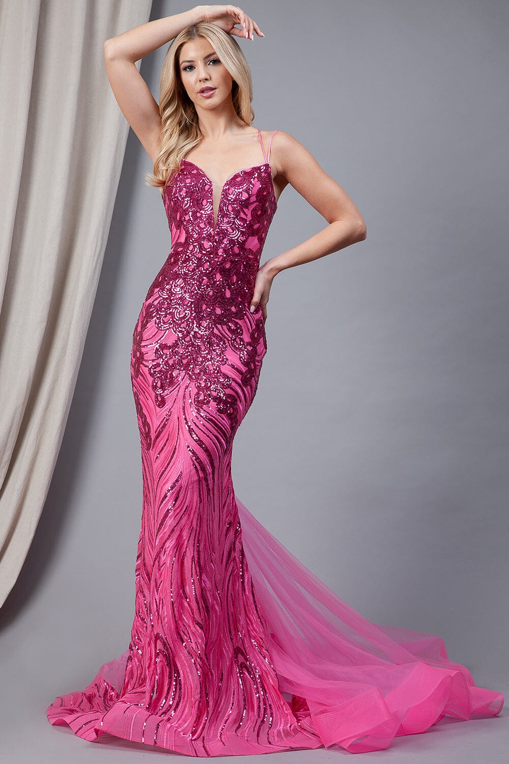 Sequin Print V Neck Mermaid Gown by Amelia Couture 7021 ABC Fashion