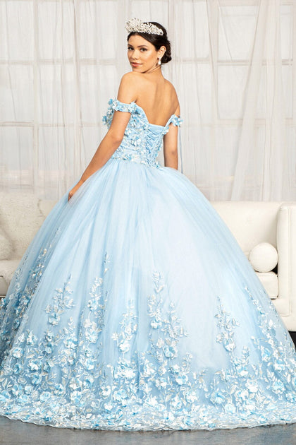 Off Shoulder 3D Flower Blue Sparkly Quinceanera Dresses In Light