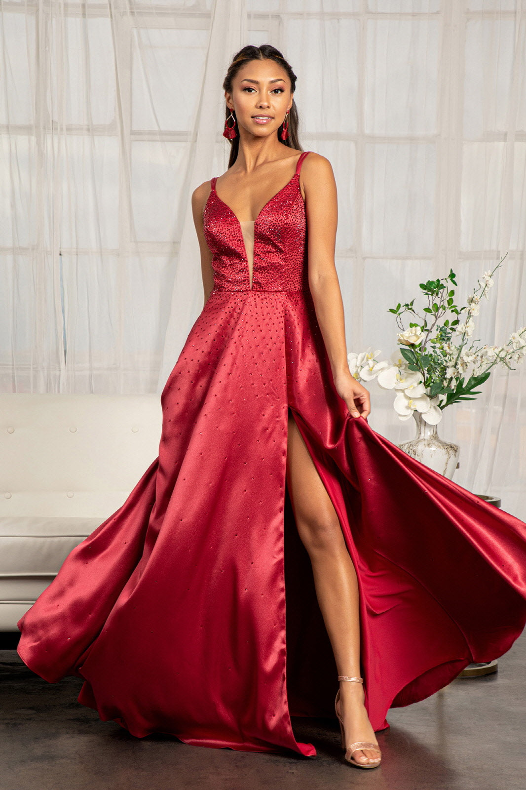 Beaded Lace Up Satin Gown by Elizabeth K GL3039