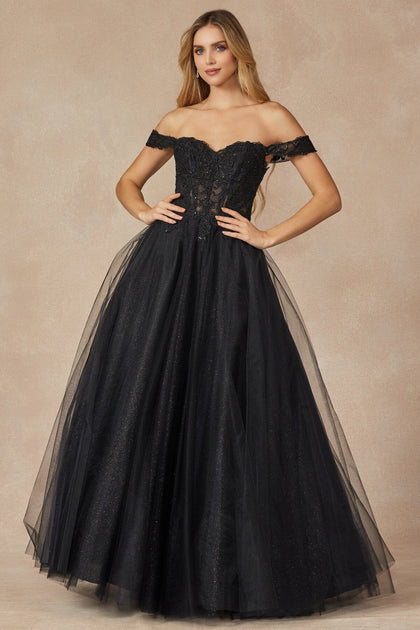 Embroidered Off Shoulder Tulle Gown by Juliet 280