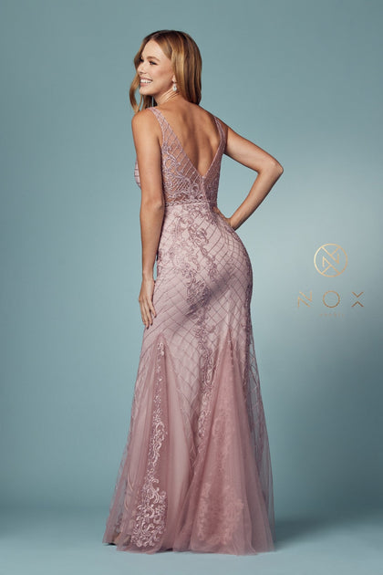 Nox Anabel Blush Pink Long Lace Prom Dress with Tulle Skirt Blush / 2