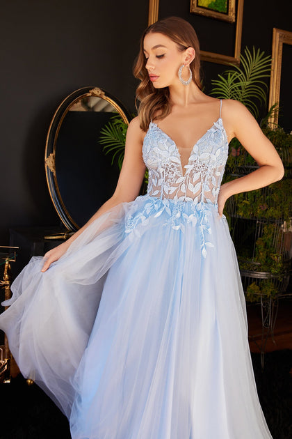 Ladivine CM347 Sheer Lace Sequin Ballgown Prom Dress Corset A Line Gown