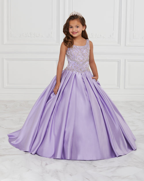 Satin flower girl dress with pleated 2024 waist and hem