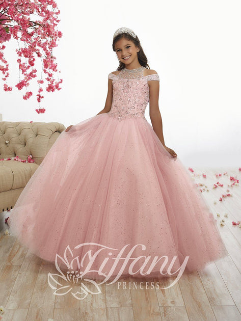 Lace and Tulle Off-the-Shoulder Lilac Flower Girl Full Length Gown