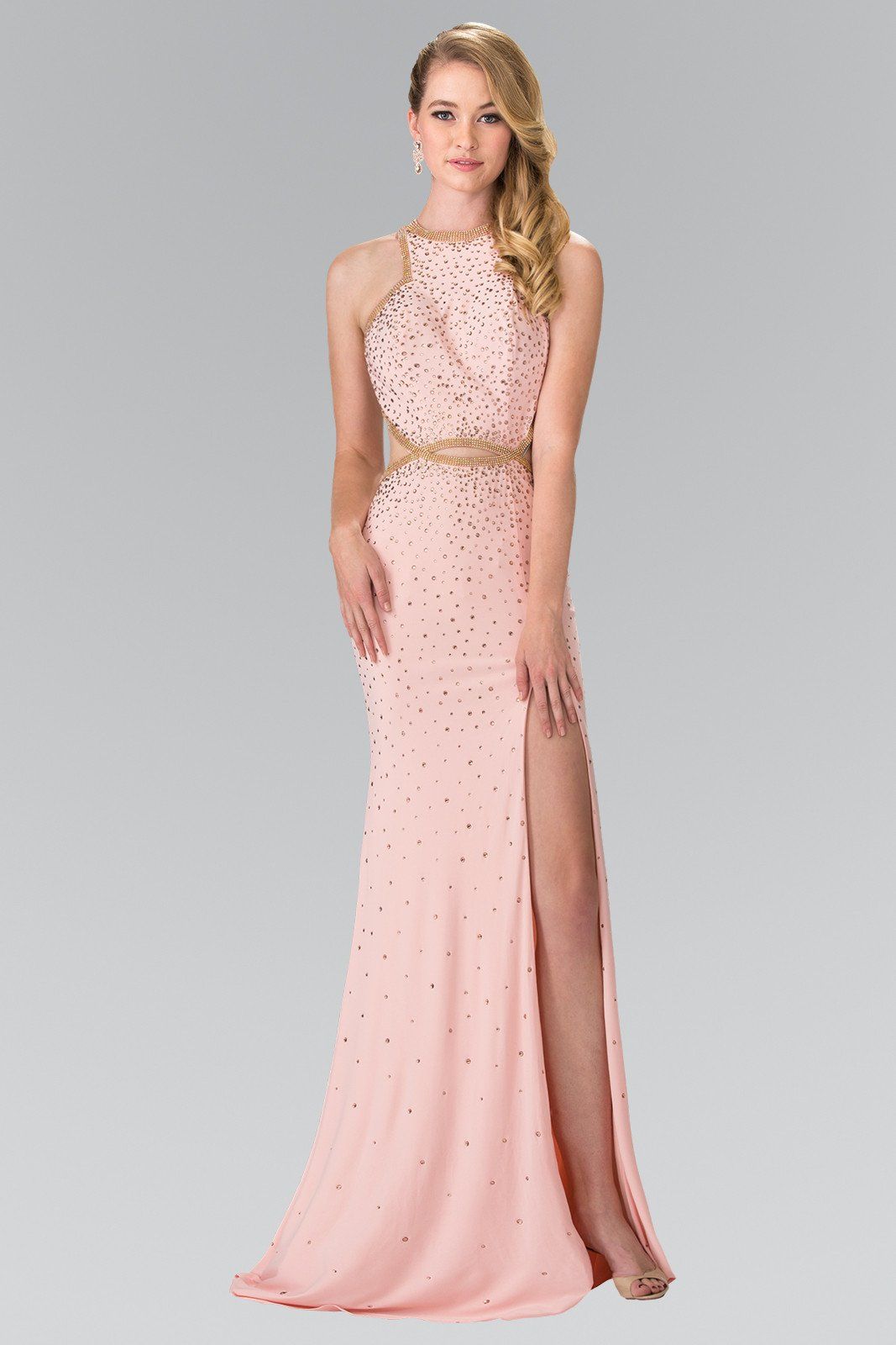 Long Beaded Halter Dress with Slit by Elizabeth K GL2265 XL Blush Pink