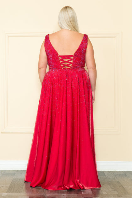 Plus Size Long Floral Lace V-Neck Dress by Poly USA W1090 – ABC Fashion