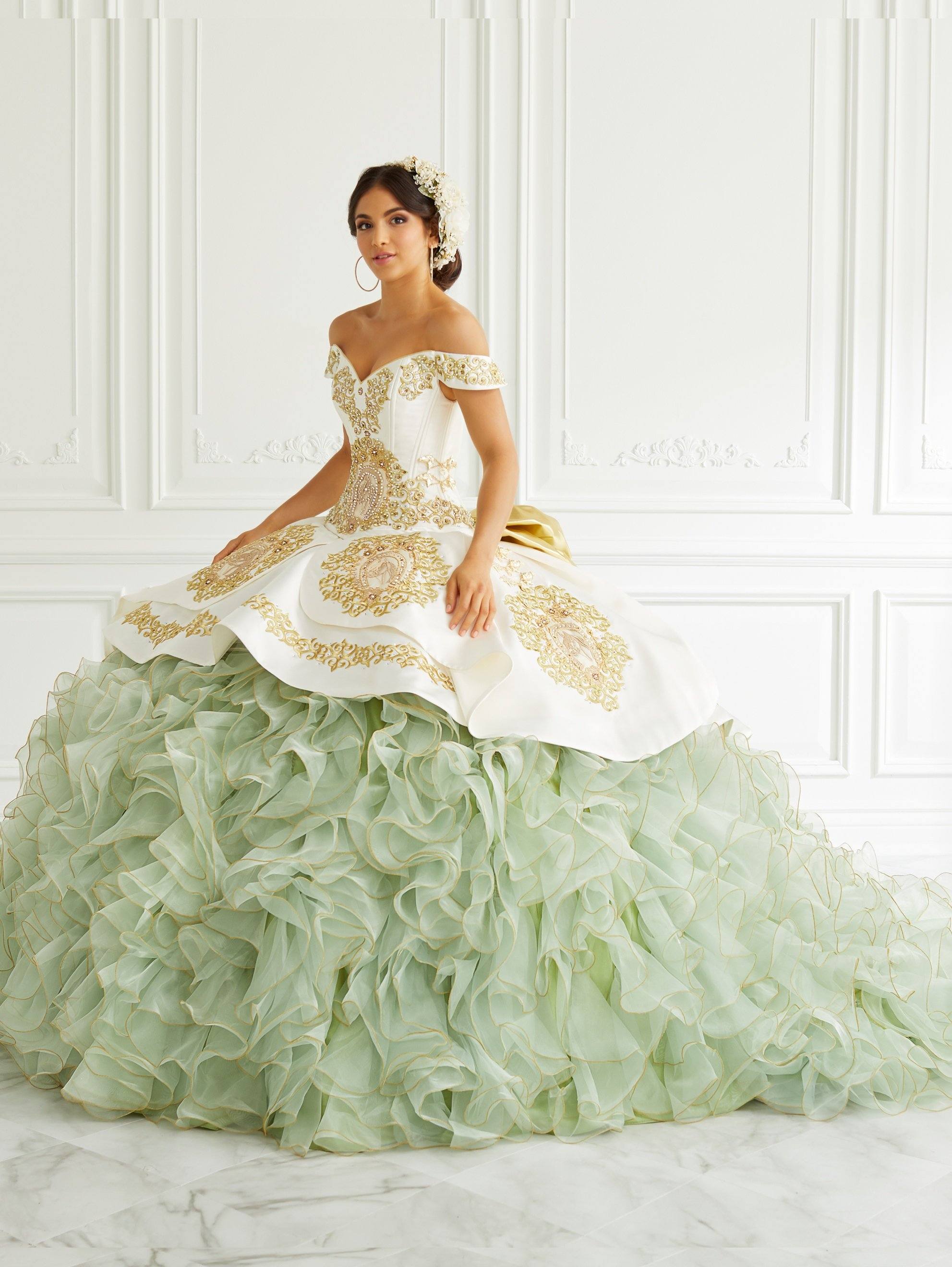 white and green quinceanera dresses