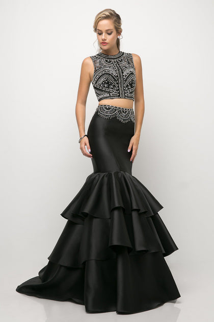 Black Lace Crop Top Satin Floor Length Prom Dresses Two Piece