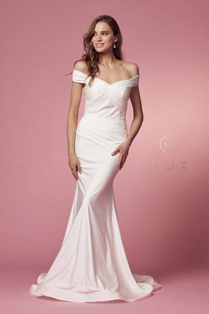 White Off Shoulder Satin Corset Slit Gown by Ladivine 7492W – ABC Fashion