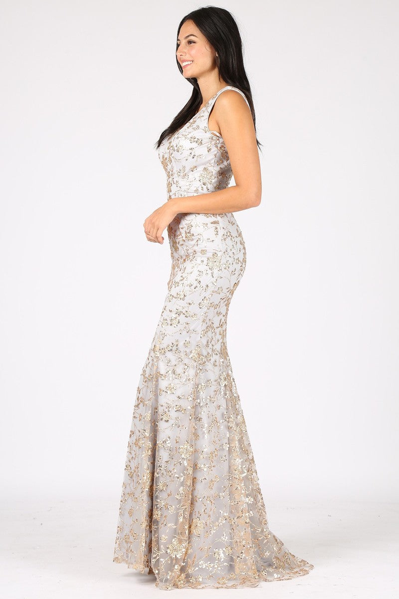 Glitter Print Fitted V-Neck Gown by Eureka 9706