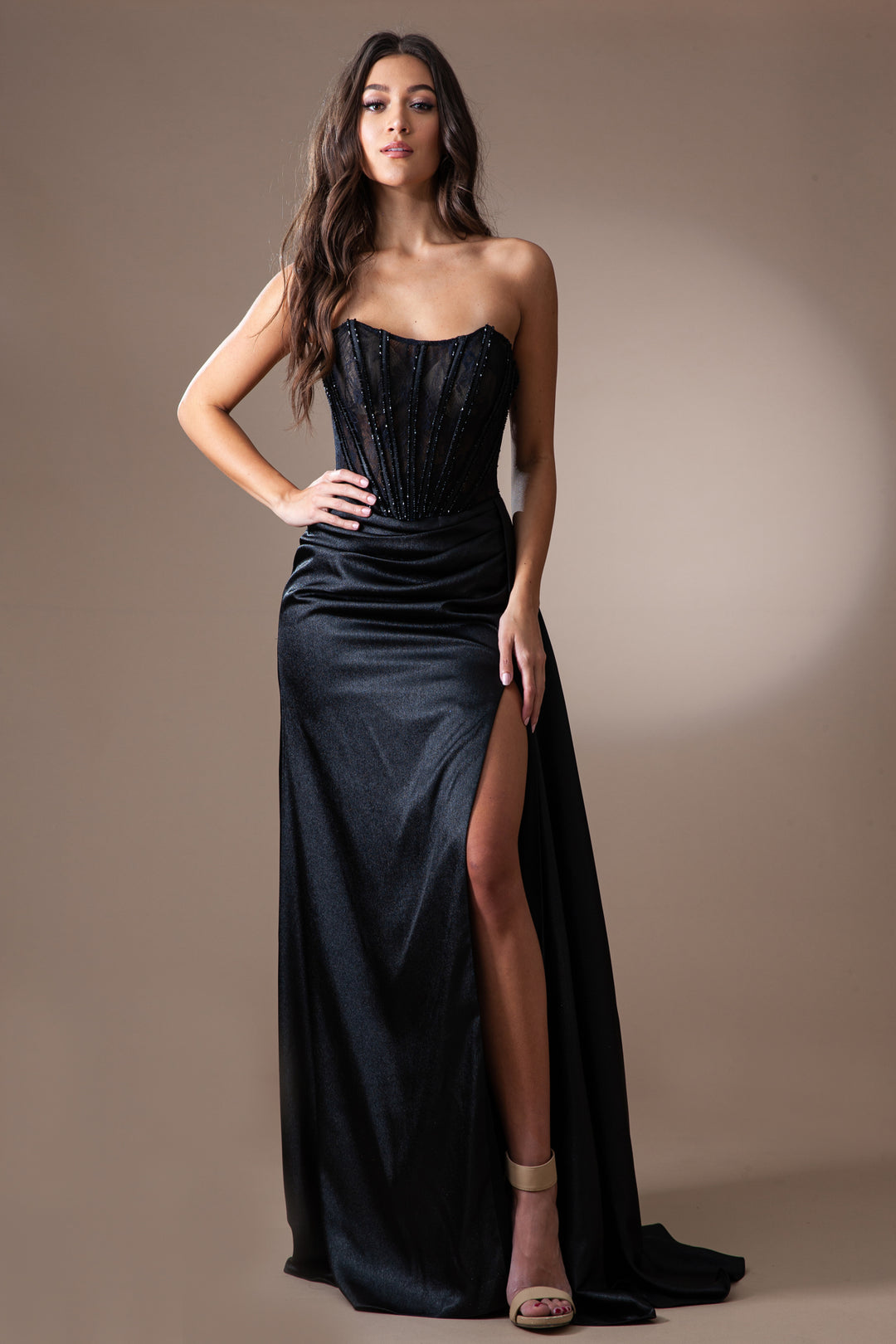 Fitted Strapless Corset Slit Gown by Amelia Couture 5054