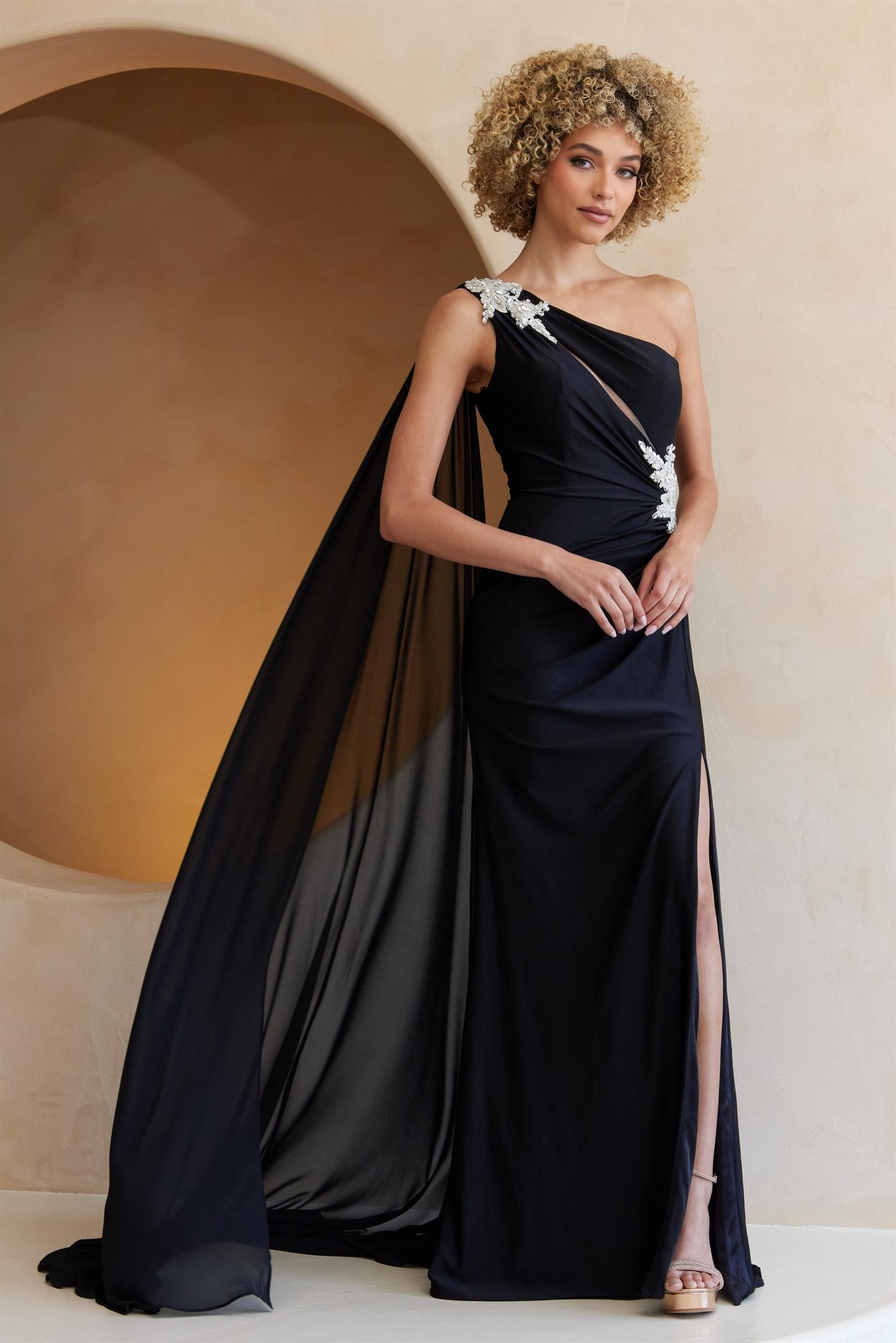 One Shoulder Cape Slit Gown by Amelia Couture 7056 12 Black