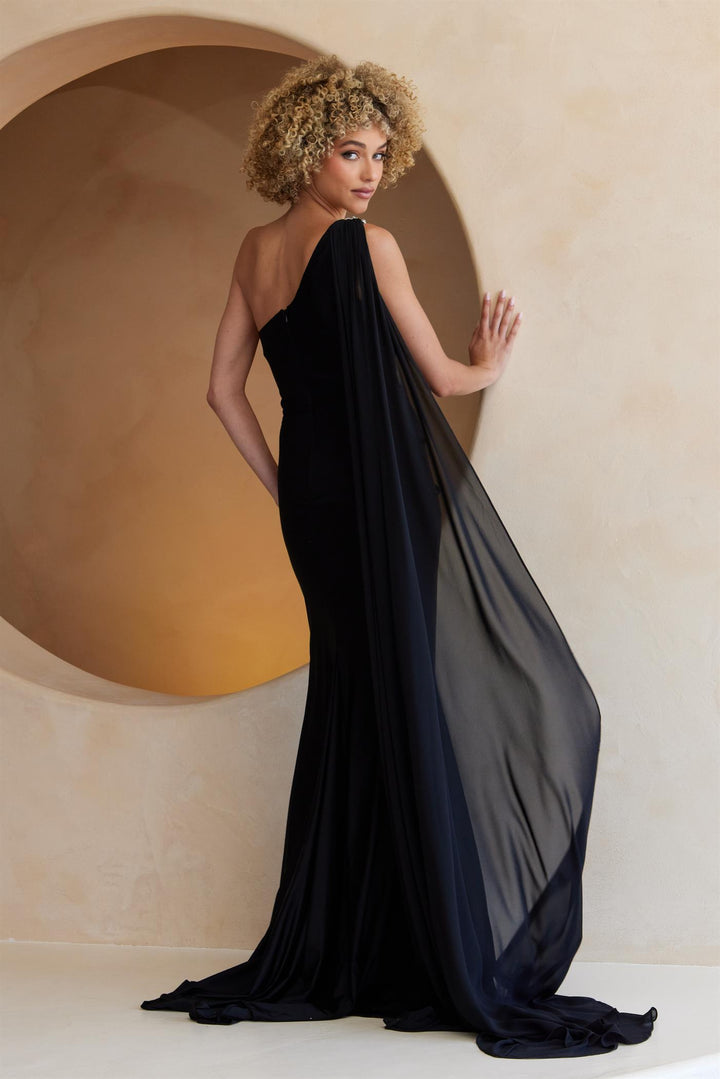 One Shoulder Cape Slit Gown by Amelia Couture 7056