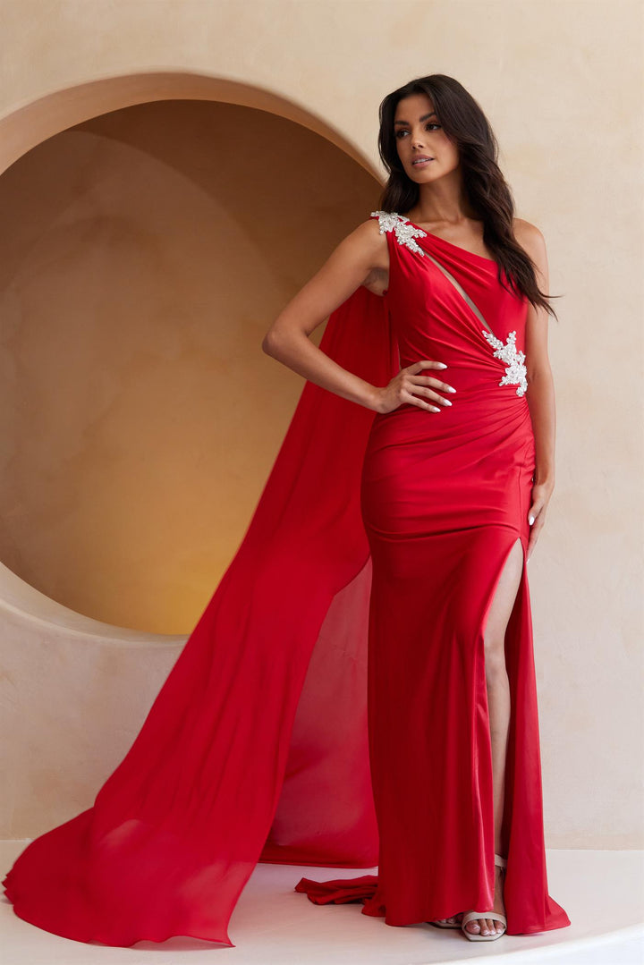 One Shoulder Cape Slit Gown by Amelia Couture 7056