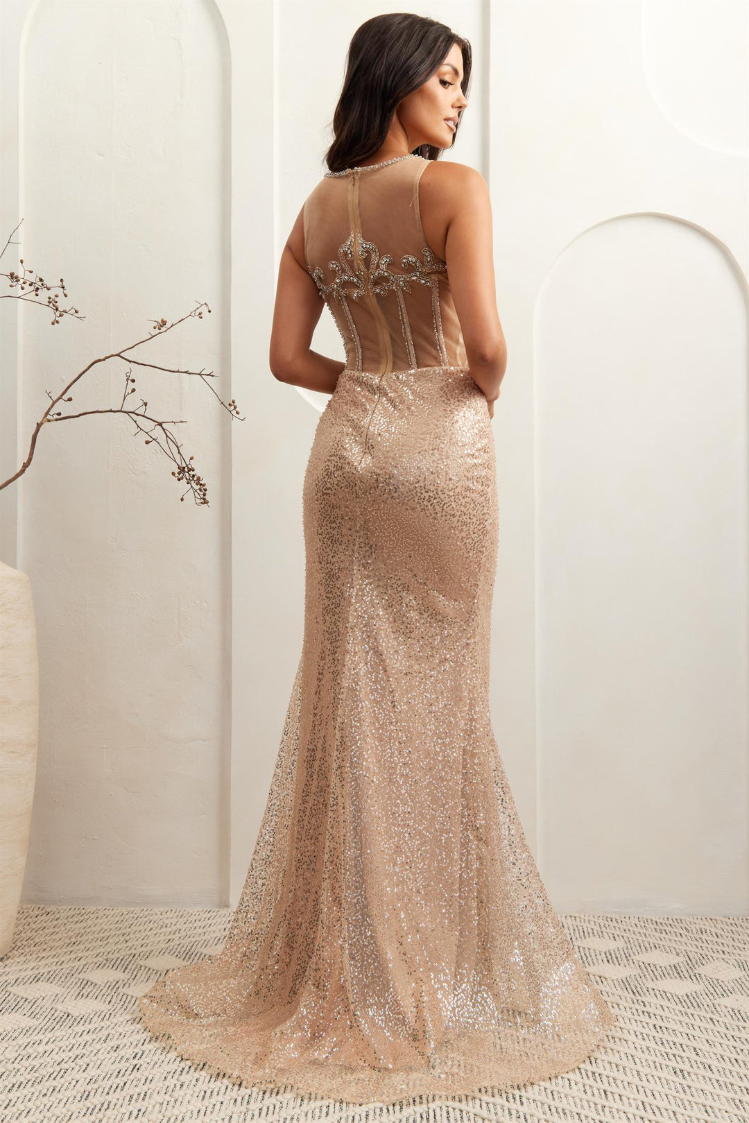 Fitted Sleeveless Sequin Slit Gown by Amelia Couture AG0111