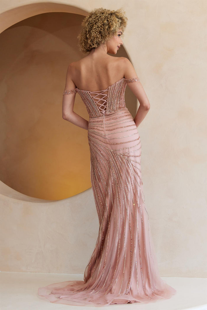 Beaded Off Shoulder Slit Gown by Amelia Couture TM1029