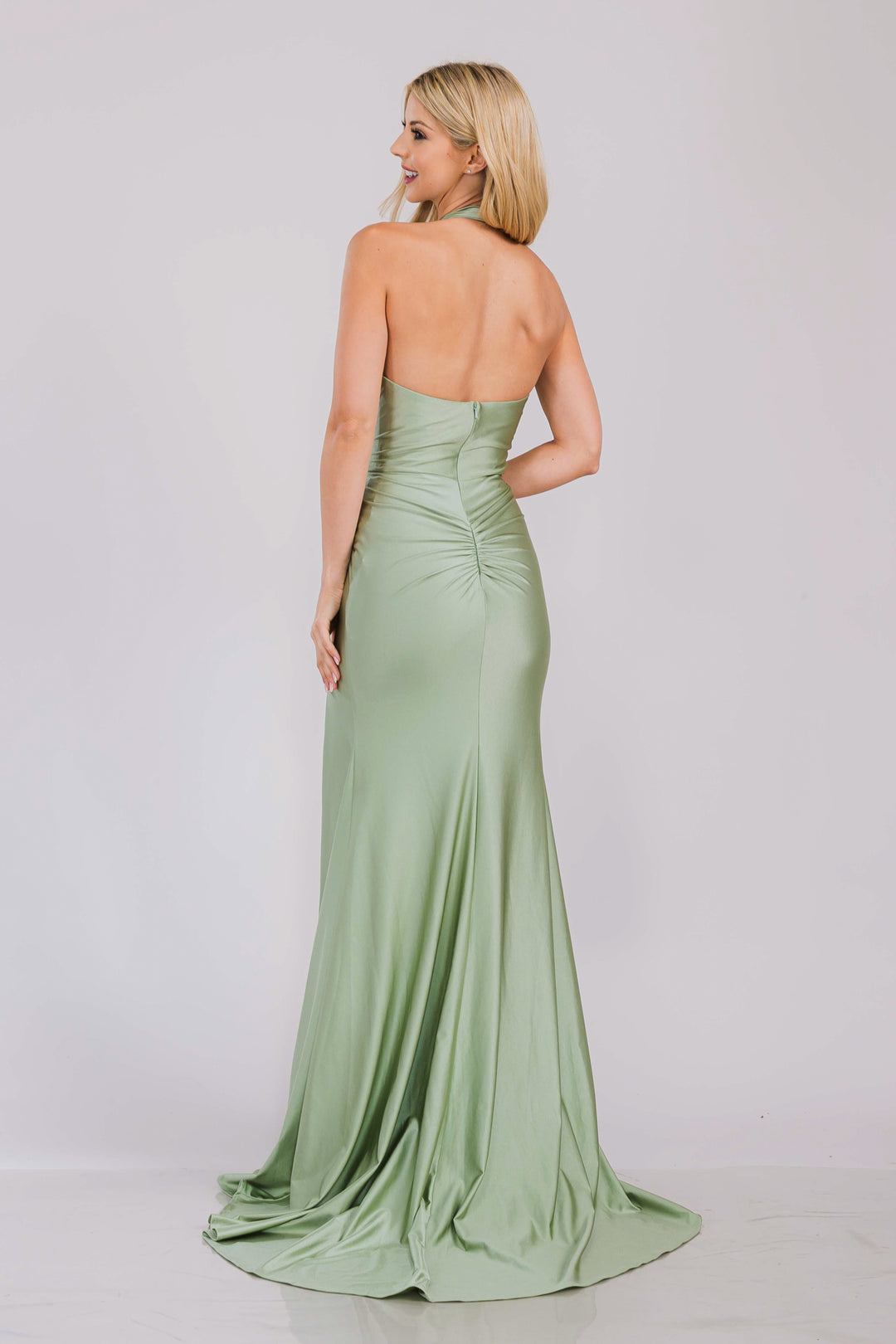 Fitted Halter Satin Slit Gown by Amelia Couture 3040