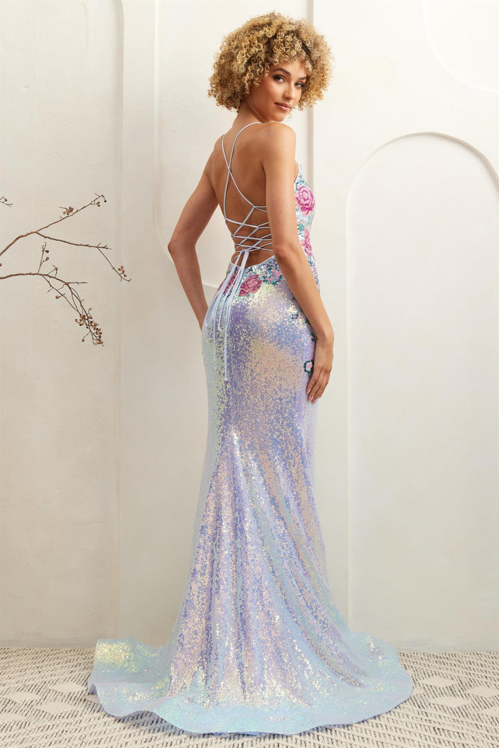 Floral Embroidered Sequin Slit Gown by Amelia Couture 7060