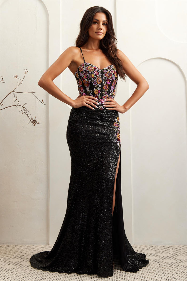 Floral Embroidered Sequin Slit Gown by Amelia Couture 7061