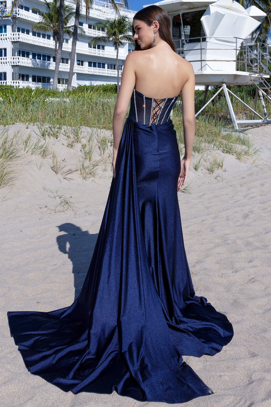 Beaded Satin Strapless Slit Gown by Amelia Couture 3099