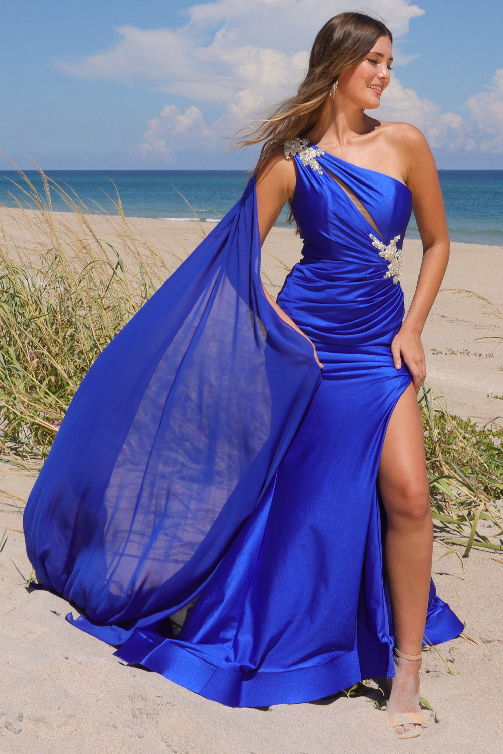 One Shoulder Cape Slit Gown by Amelia Couture 7056