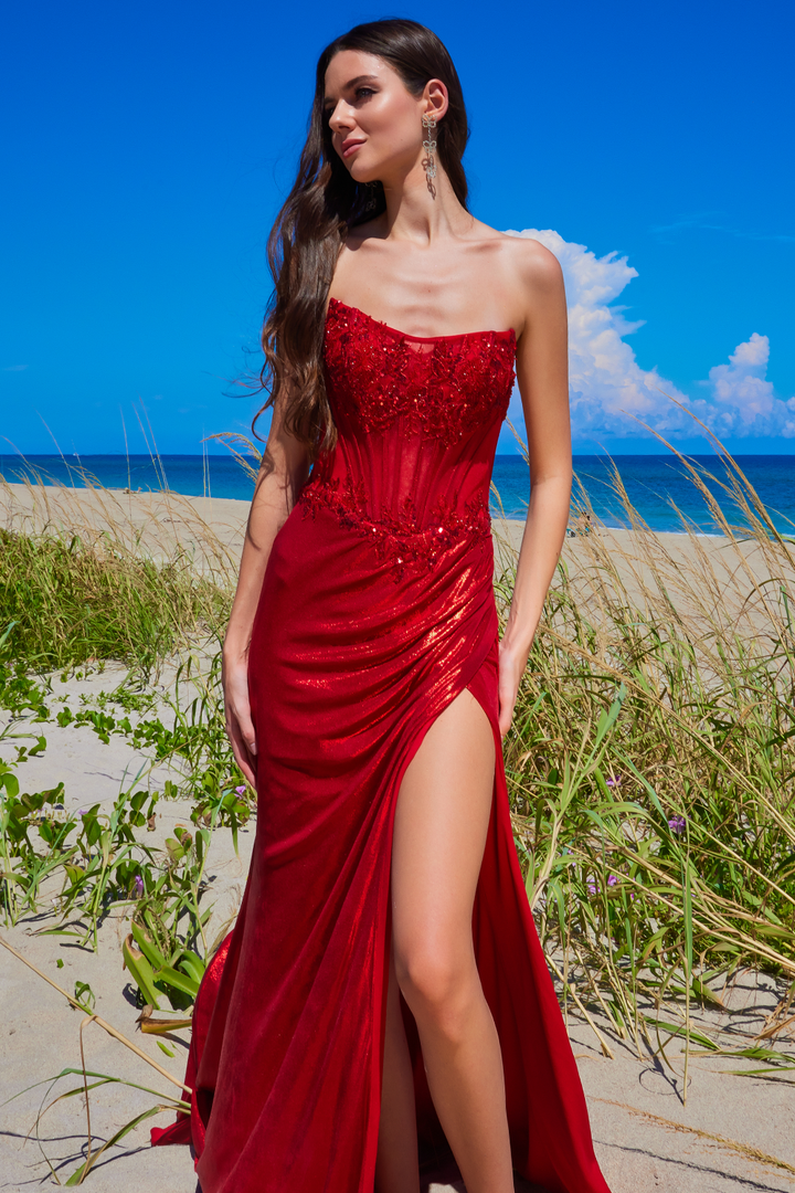 Applique Satin Strapless Slit Gown by Amelia Couture 9055