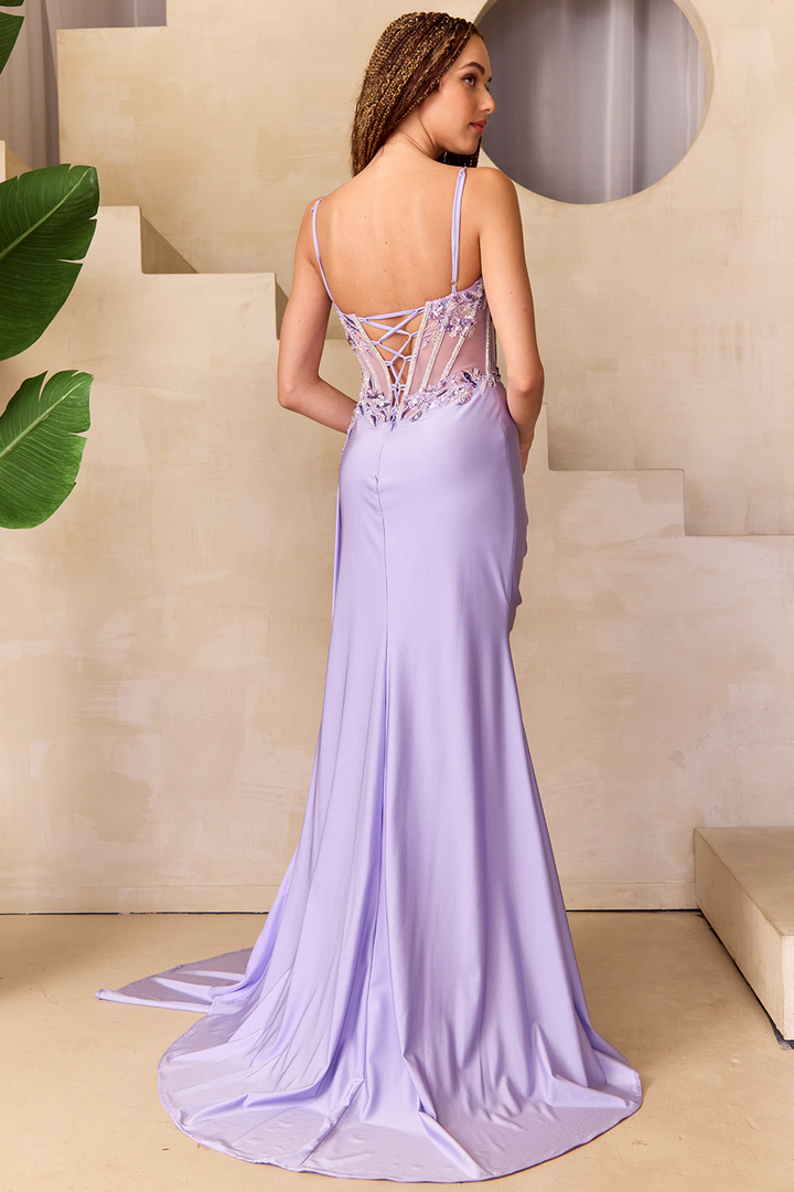 Beaded Sheer Corset Slit Gown by Amelia Couture 2050