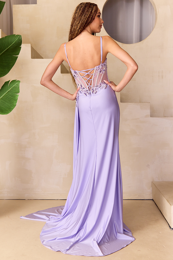 Beaded Sheer Corset Slit Gown by Amelia Couture 2050