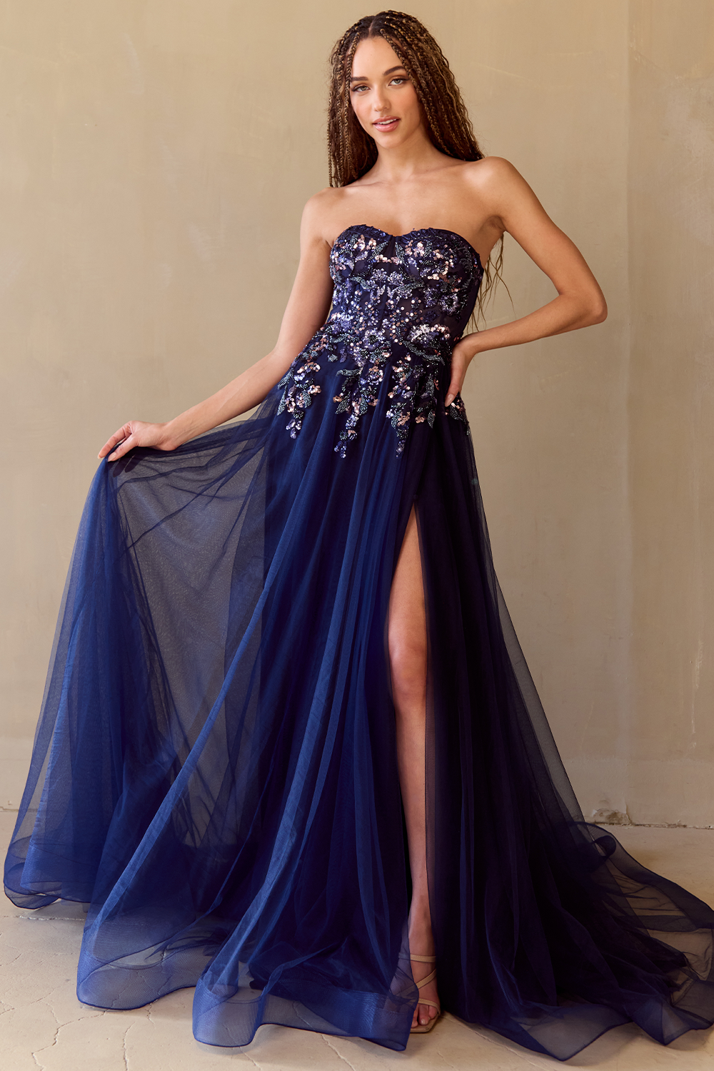 Applique Strapless A-line Slit Gown by Amelia Couture 4031