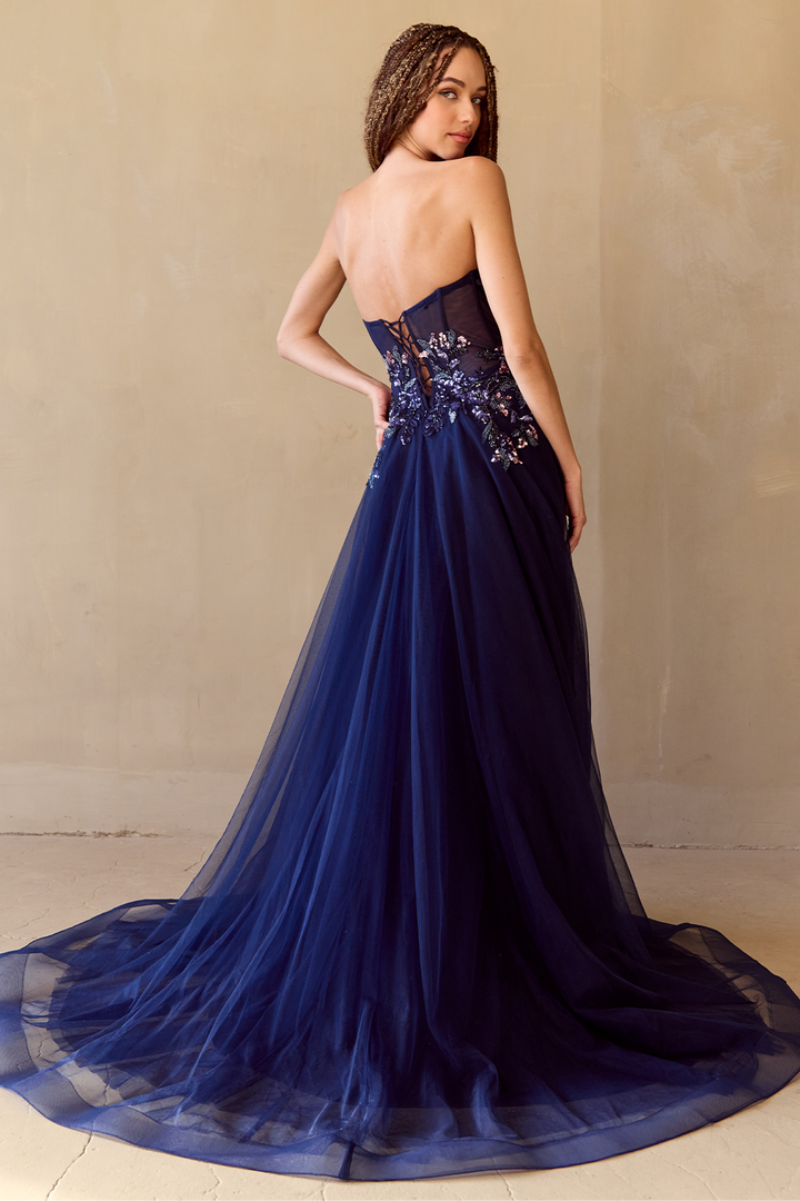 Applique Strapless A-line Slit Gown by Amelia Couture 4031