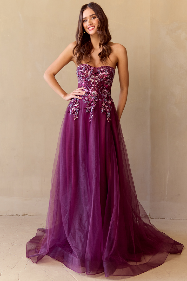 Applique Strapless A-line Slit Gown by Amelia Couture 4031