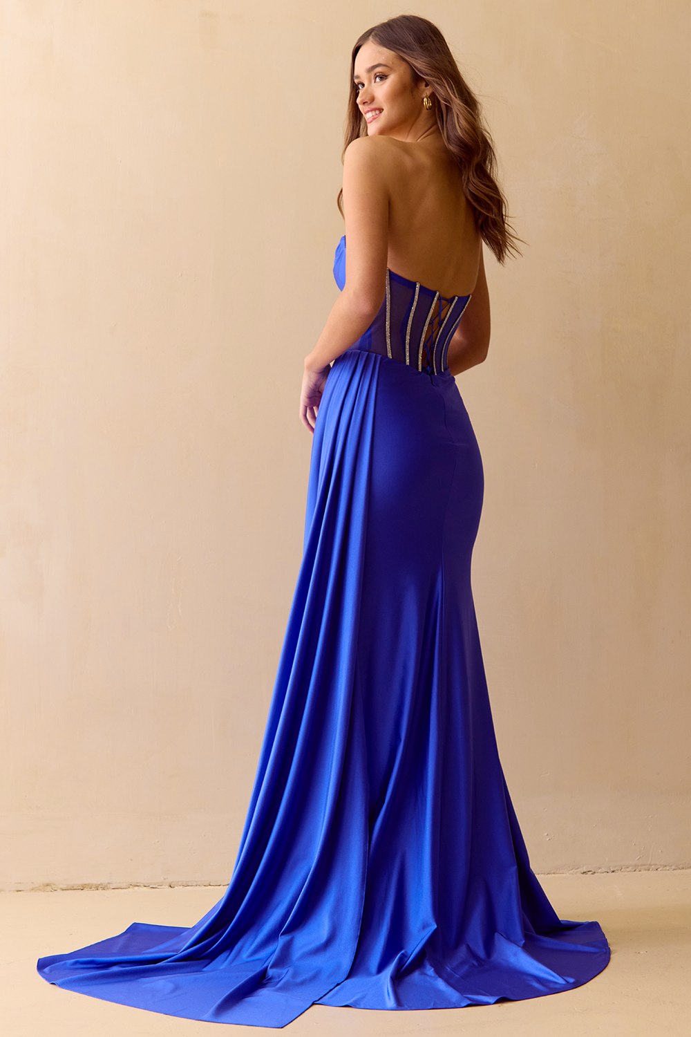 Beaded Satin Strapless Slit Gown by Amelia Couture 3099