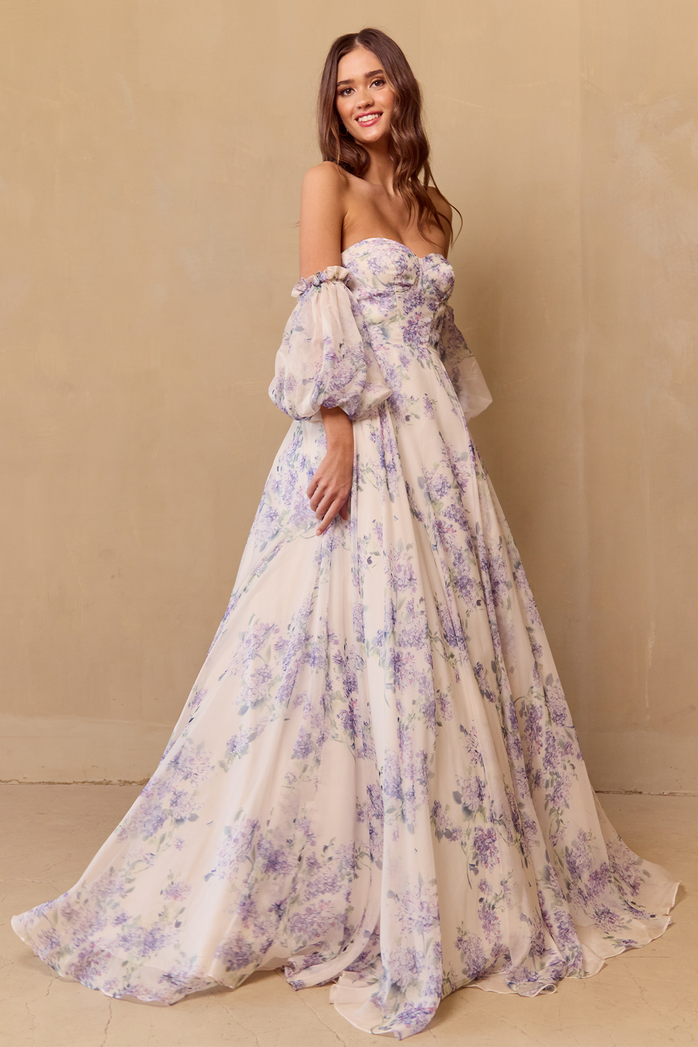 Print Puff Sleeve A-line Gown by Amelia Couture SU084