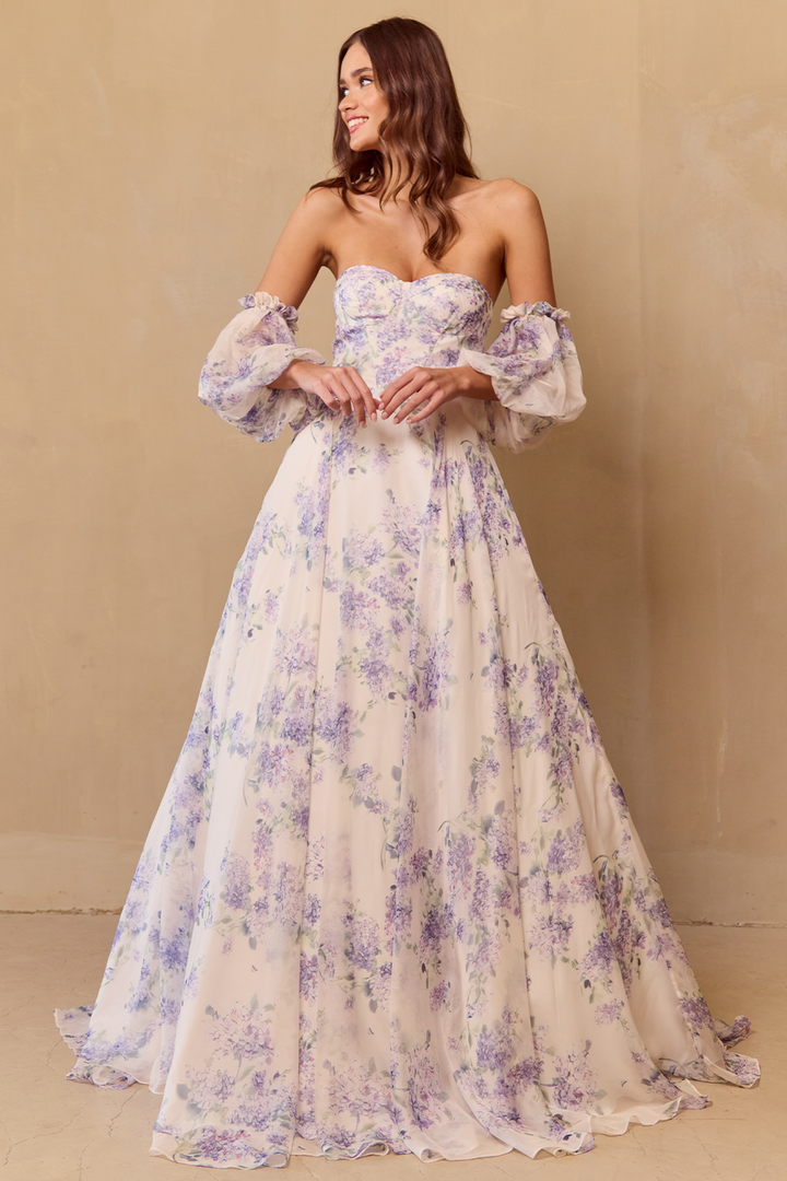 Print Puff Sleeve A-line Gown by Amelia Couture SU084