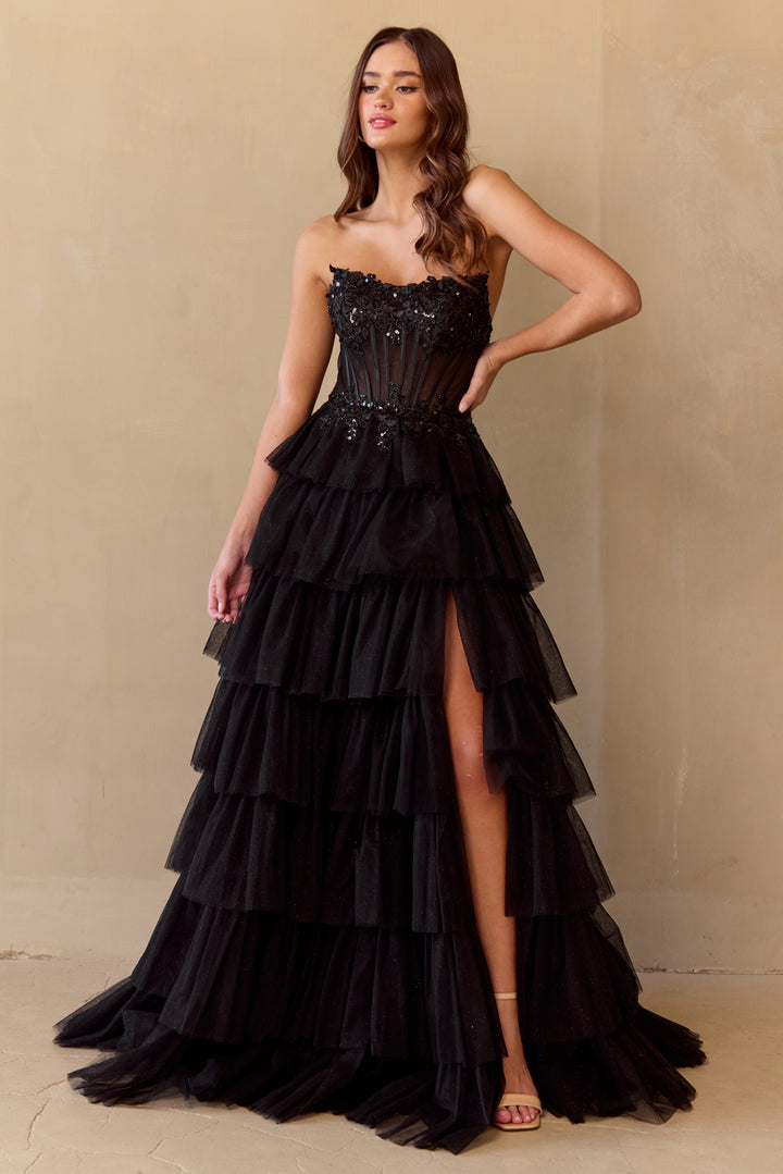 Strapless Tiered A-line Gown by Amelia Couture 9053