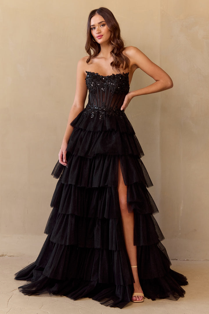 Strapless Tiered A-line Gown by Amelia Couture 9053