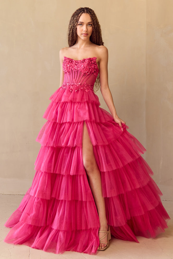 Strapless Tiered A-line Gown by Amelia Couture 9053