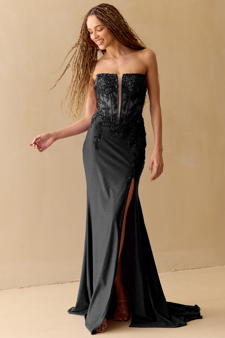 Applique Satin Sleeveless Slit Gown by Amelia Couture 8040