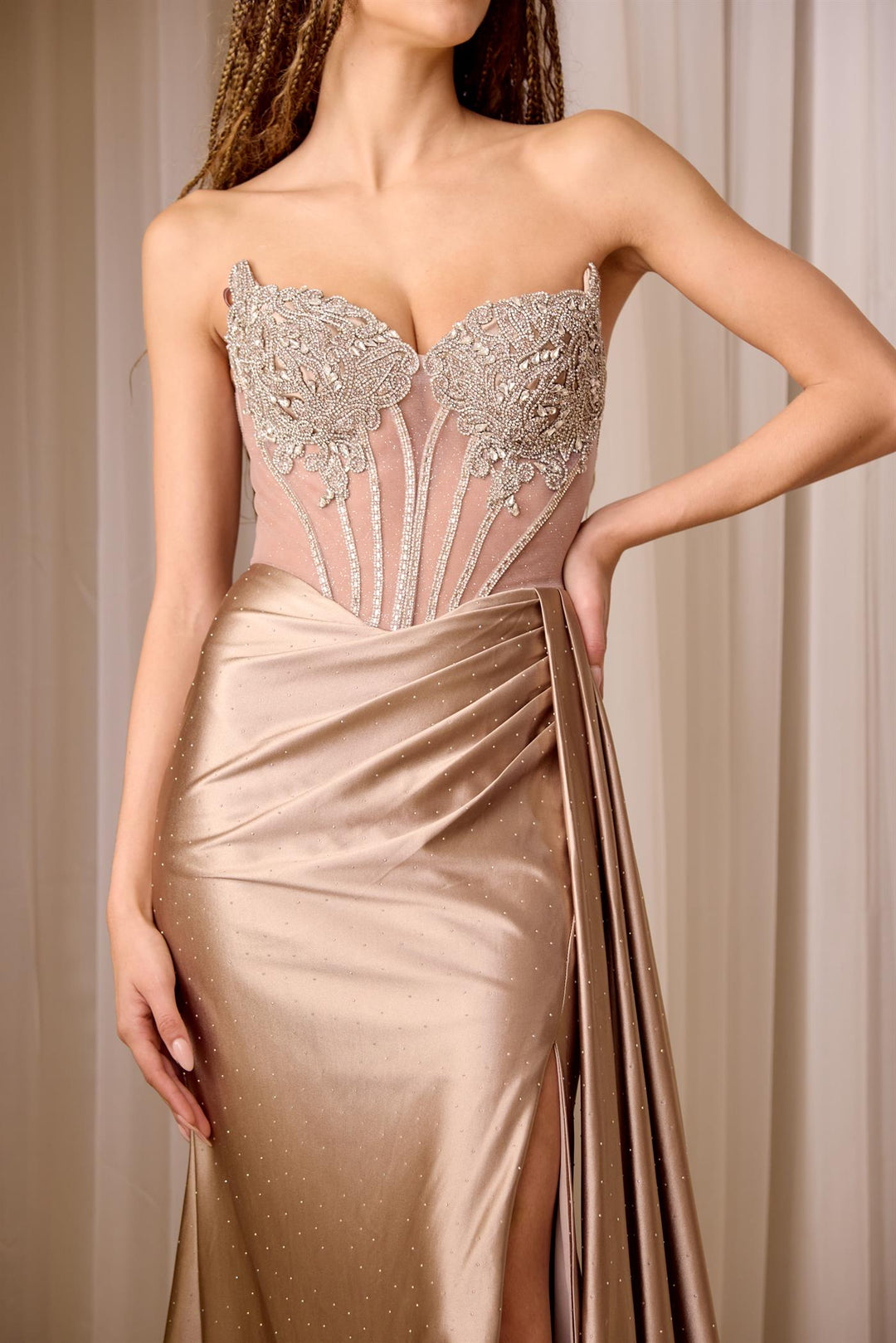 Beaded Satin Strapless Slit Gown by Amelia Couture 2128