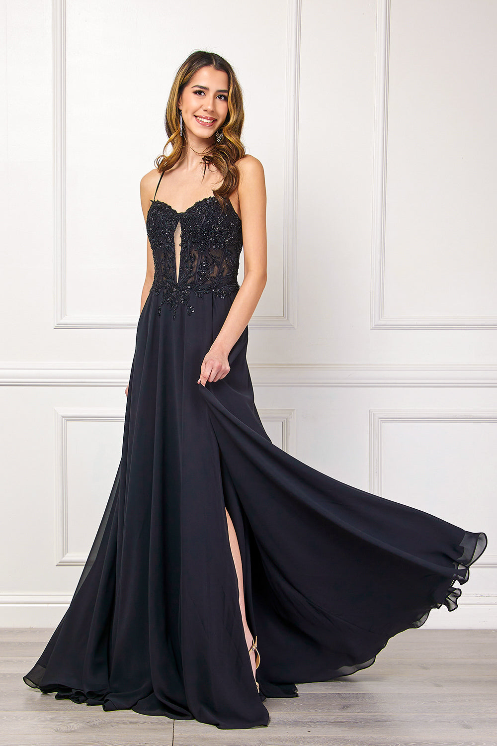 Applique Keyhole A-line Slit Gown by Amelia Couture 7066