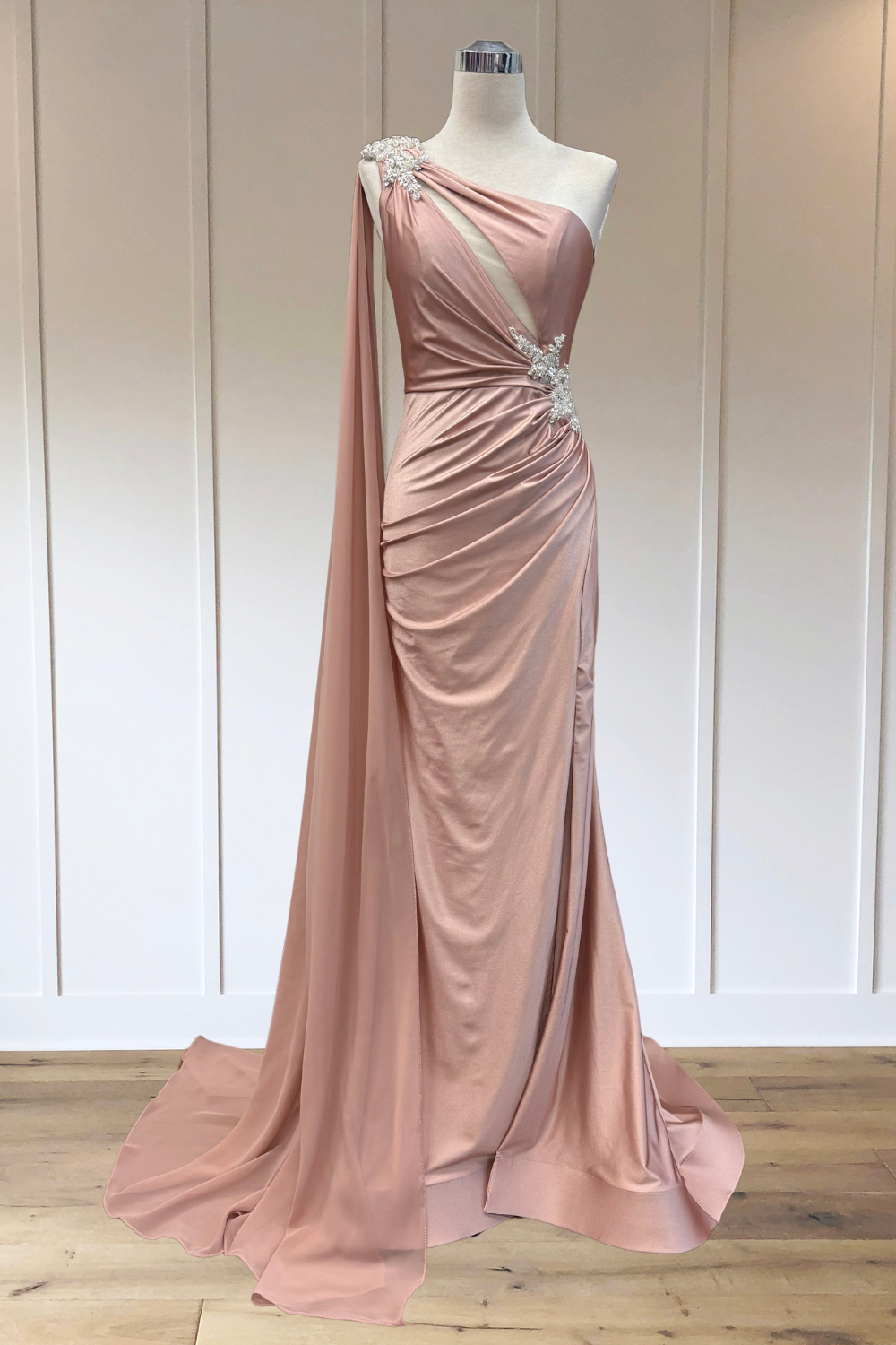 One Shoulder Cape Slit Gown by Amelia Couture 7056