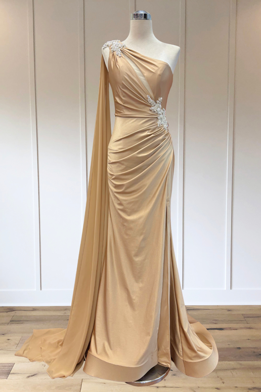 One Shoulder Cape Slit Gown by Amelia Couture 7056