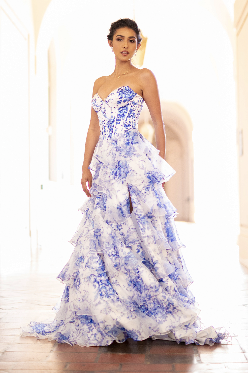 Print Strapless Tiered Gown by Amelia Couture 2060